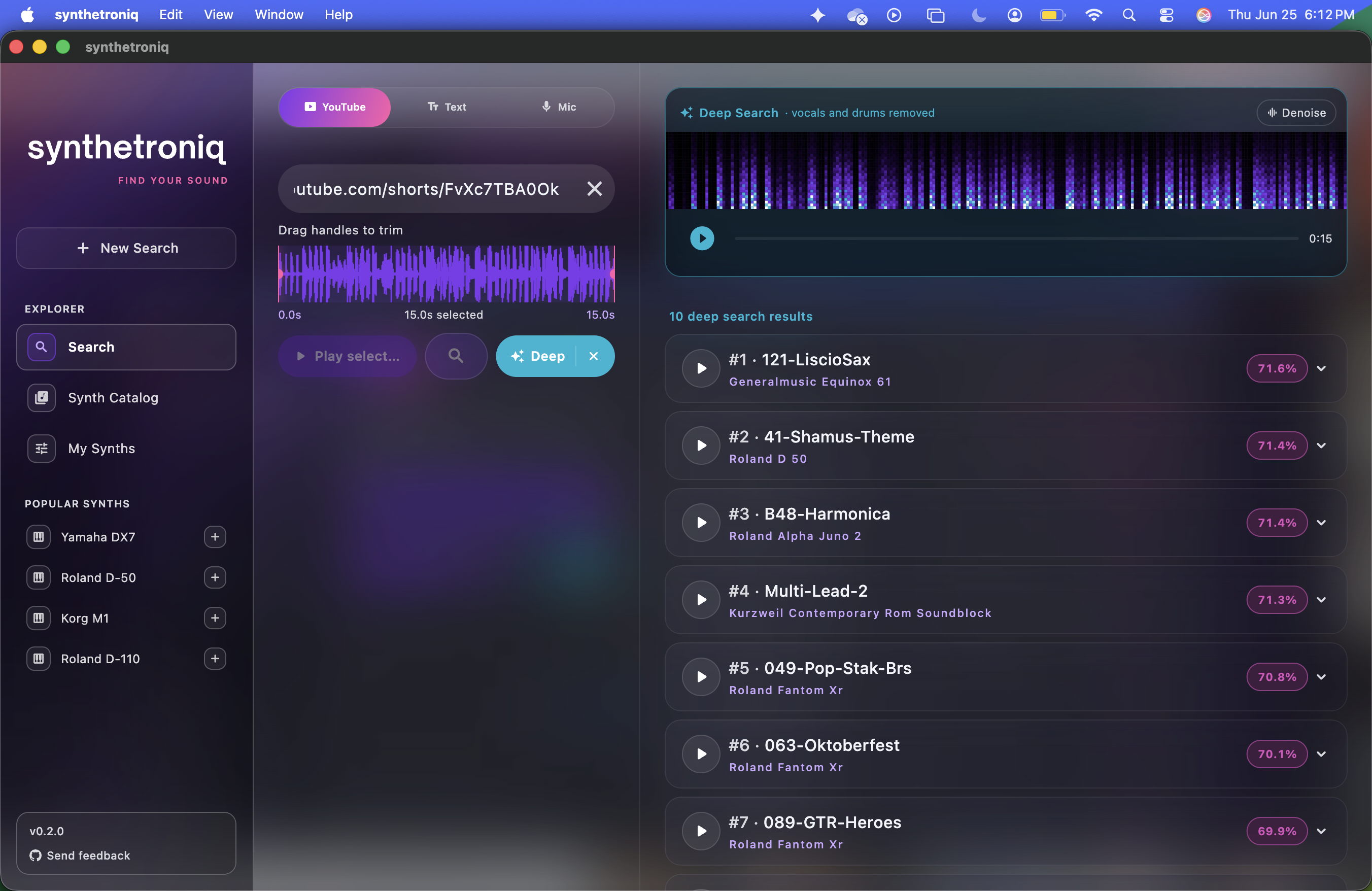 Deep Search stripping vocals and drums before matching patches